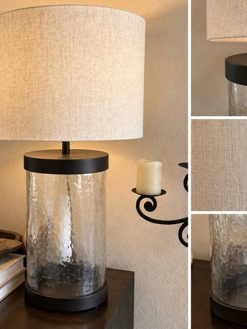 Pottery Barn Beige Linen Shade Table Lamp with Clear Hammered Glass